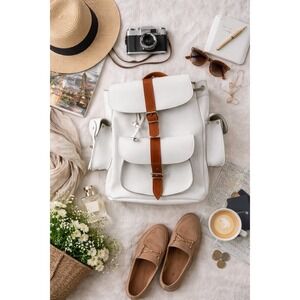 GRAFEA Bianca Leather Backpack White Brown Contrast Buckle Flap Large